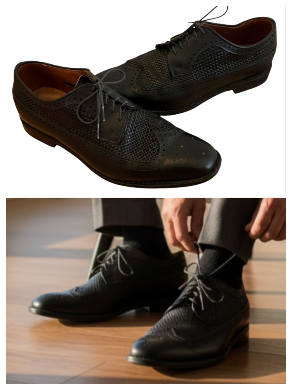 Allen Edmonds Leiden Shoes Mens 11 D Black Leather Woven Wingtip Derby Brogue
